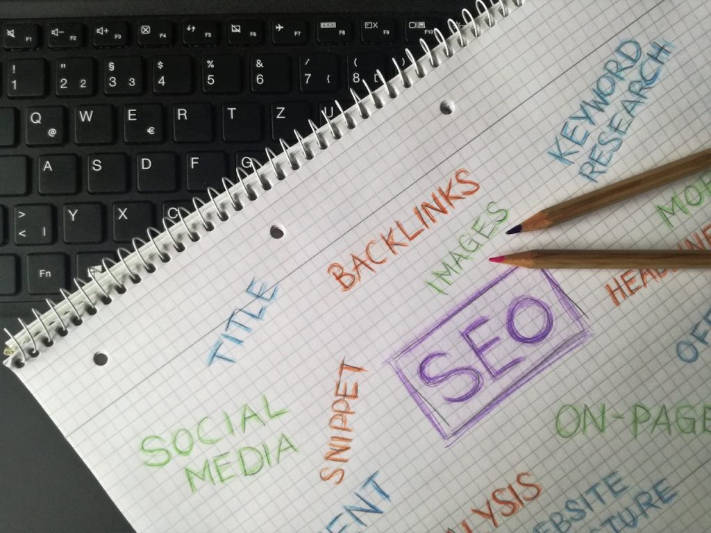 pexels-photo-942331 Close-up of notebook with SEO terms and keywords, highlighting digital marketing strategy.